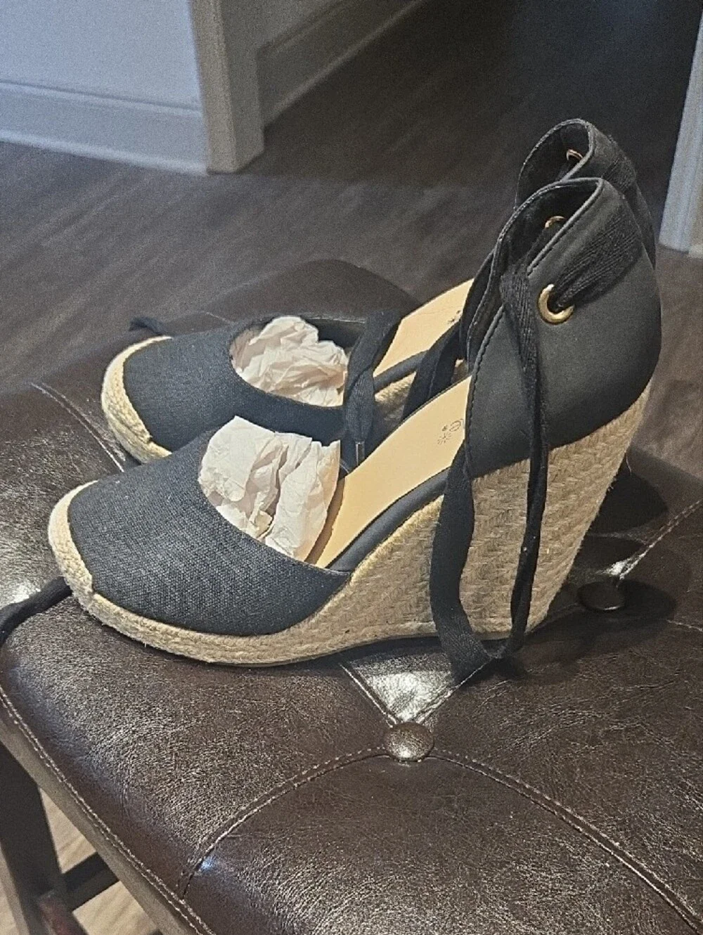 Shoe Dazzle Black Espadrille Wedge Ankle Tie Sandals
